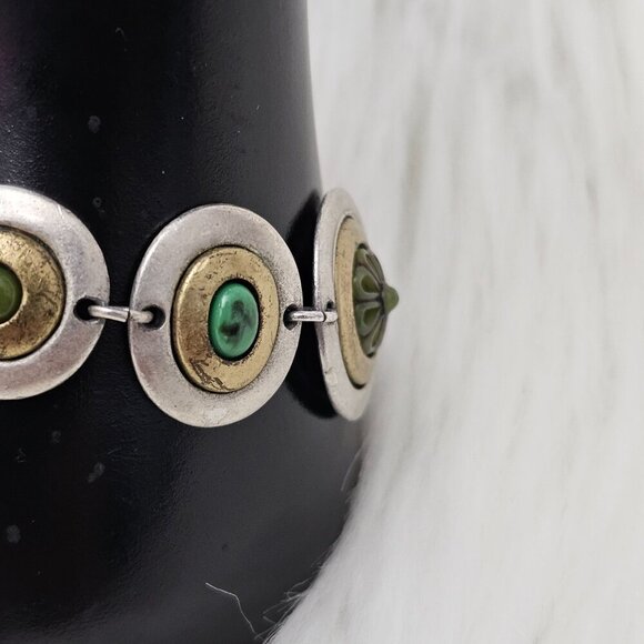 Vintage Retro Silver Gold Tone Floral Green Disc Art Deco Metal Bracelet - Picture 3 of 6